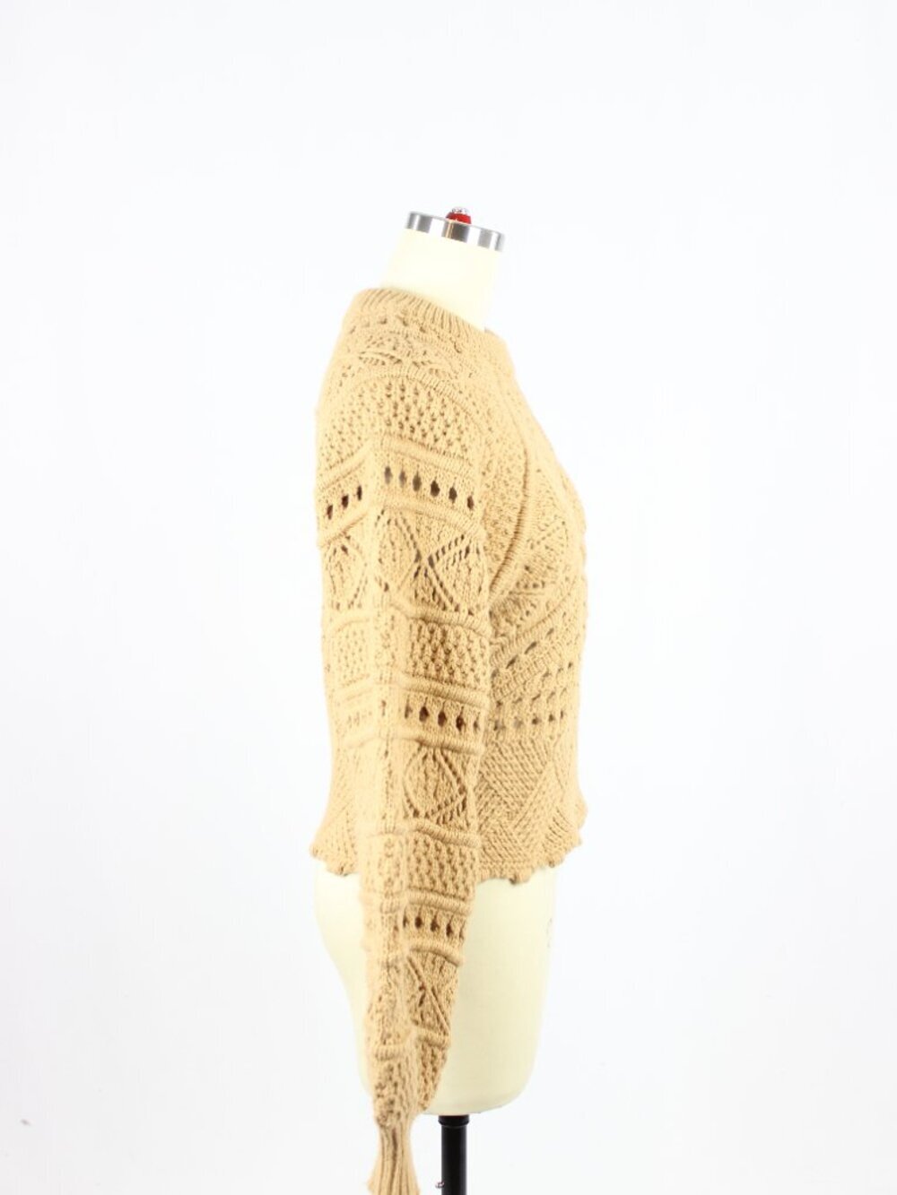 ZARA Tan Acrylic Wool Crochet Pointelle Knit Puff Sleeve Sweater, Size M - Picture 2 of 14